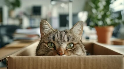 Curious tabby cat peeking out from a cardboard box in a cozy home office environment. Playful feline eyes gaze intently, creating a charming and whimsical atmosphere indoors