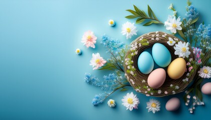 Ostergrusskarte Osterdekoration Mit Ostereiern Und Kleinen Blumen Mit Blauem Hintergrund