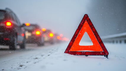 Warning triangle on snowy road with traffic jam in winter weather  