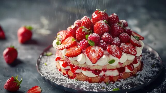 Video A slice of strawberry cake topped with fresh strawberries and whipped cream