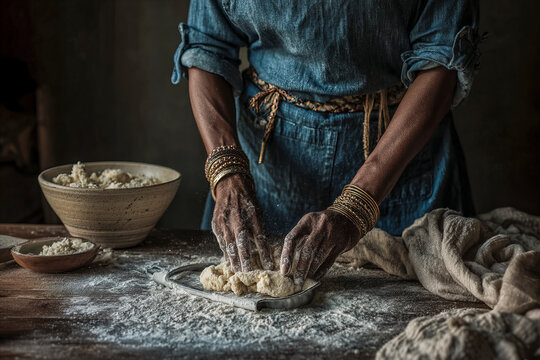 Woman's hands kneading dough on rustic kitchen table