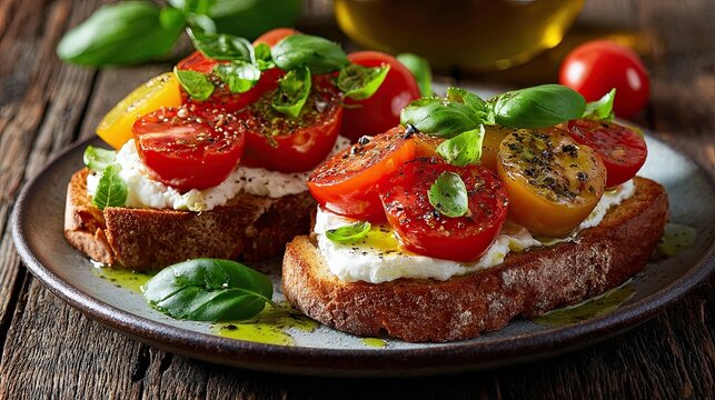 Sandwiches with tomatoes, cream cheese, olive oil and basil on a plate