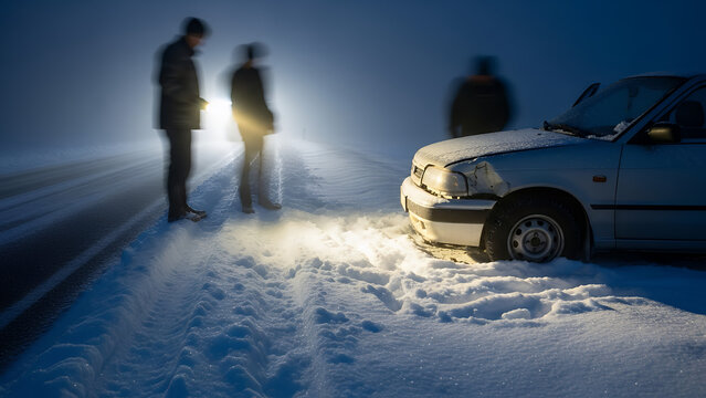 Two people assisting a car stuck in snow at night  
