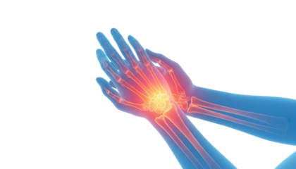 Glowing hands with a bright light in the center showcasing a vibrant blue and red color contrast in a studio shot on white and transparent