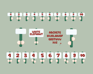 A cute set of hand-drawn vector numbers from 1 to 10. Cartoon elephant hands holding number signs for a White Elephant Christmas game. Isolated elements for children&rsquo;s design.