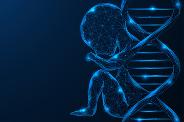 The future of human genetics. A human embryo connected to a DNA helix. The concept of heredity, the origin of life, the fusion of biology, genetics and artificial intelligence.