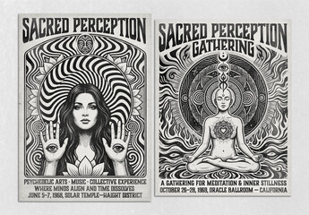 Monochrome Psychedelic Art 60s Poster Layout Set