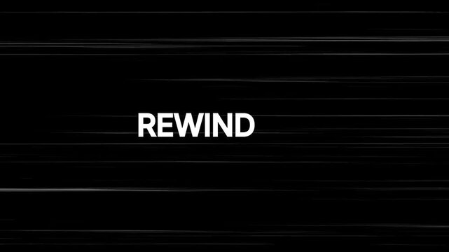 Rewind overlay seamless loop animation with horizontal scratch lines on black background. 4K animated rewind transition for playback effects, time reversal, and flashback video editing.