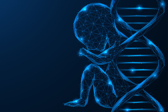 The future of human genetics. A human embryo connected to a DNA helix. The concept of heredity, the origin of life, the fusion of biology, genetics and artificial intelligence.