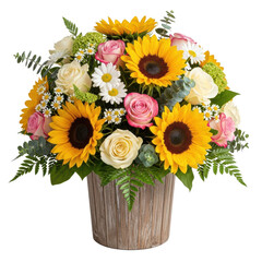 Fototapeta premium Summer Sunflower Rose Bouquet Wood Pot Isolated