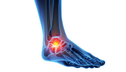 Anatomical illustration of a human foot highlighting the ankle area with a glowing effect indicating pain png with transparency