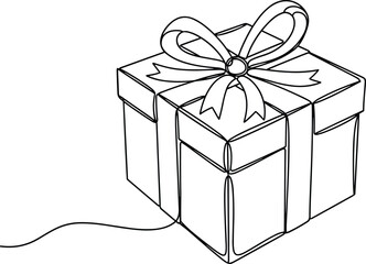 Obraz premium Minimalist Line Art Gift Box Illustration with Ribbon and Bow in 3D Perspective for Festive, Celebration, and Holiday Design Concepts