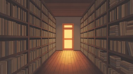 Wooden library room with tall bookshelves and a glowing door at the end of a long hallway floor