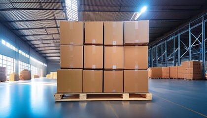 stacked cardboard boxes on wooden pallet inside warehouse