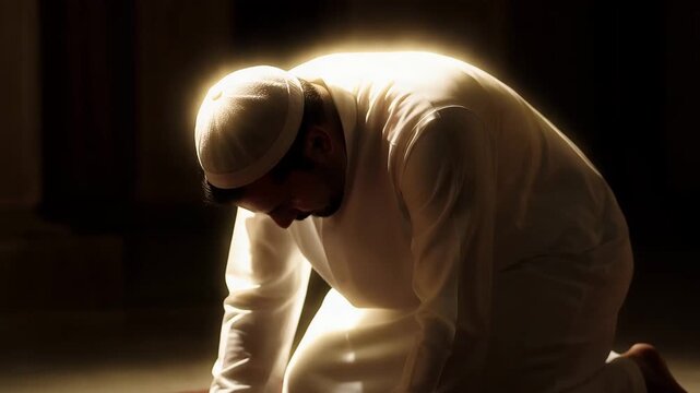 Muslim man performing Salah prayer on a rug in a dark mosque. Devoted person kneeling in sujud and sitting during worship. Islamic religion and Ramadan concept with dramatic lighting
