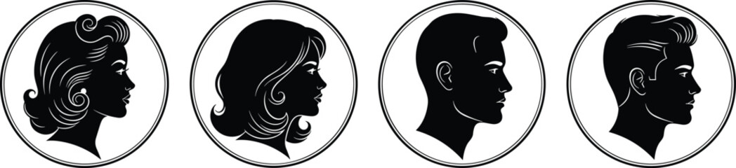 Male and female profile silhouette icons set in circular frames isolated on white background elegant vintage portrait vector illustration for branding and design