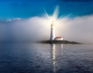 Fototapeta premium a solitary lighthouse emits a bright beam of light through dense fog over calm waters