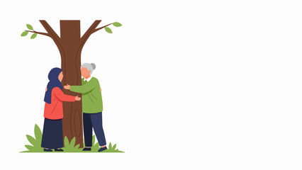 Two people hugging tree, a woman in hijab and an older person embracing large tree trunk in nature setting. People hugging tree represent environmental care and connection with earth,