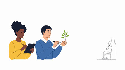 Researchers engaged in plant study, meticulously observing green leaf specimen and recording notes. Collaborative plant study shows male scientist examining plant, female colleague documenting.