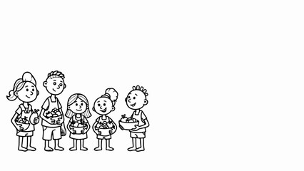 Black outline illustration depicting children with plants in small pots, standing side by side. Happy group of children with plants holding various seedlings and gardening items,