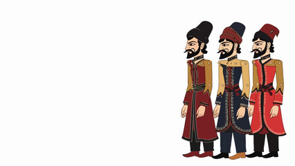 Three traditional costume men stand in a row, displaying rich cultural dress. Each traditional costume men wears distinct robes, hats, and beards.