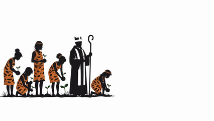 Ancient community planting illustrates tribal figures tending sprouts, symbolizing origin. Leader guides ancient community planting, fostering agriculture, development.