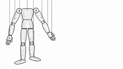 Wooden mannequin puppet illustration without head, controlled by visible strings on clean white background. Articulated wooden mannequin puppet drawing displays jointed body segments,