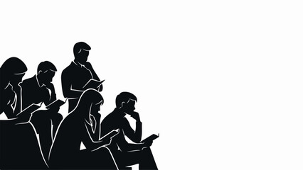 People studying group in silhouette, individuals focused intently. Concentrated people studying group shows silent reading or deep thought. Modern people studying group for education, business,