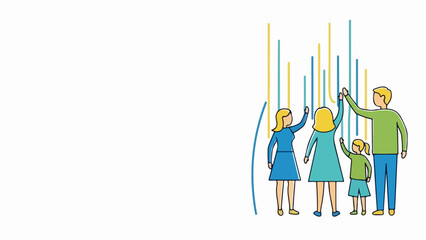 Illustration depicts family future growth, parents and child observing rising lines. Graphic portrays progress, planning, bright outlook for family future growth initiatives.