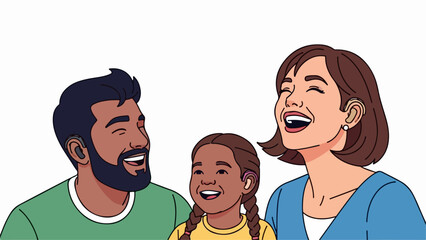 Joyful multiethnic family laughing earbuds on white, showing happy parents and child. Cheerful family laughing earbuds scene highlights modern wireless audio technology.