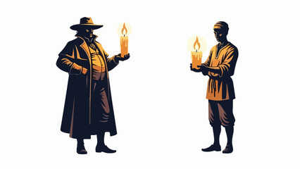 Men holding candles, two figures presenting glowing light on plain background. One man in long dark coat, another in simpler garment, both holding lit candles.