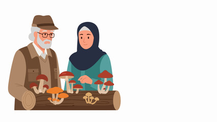 Mushroom cultivation: senior man and woman, woman in hijab, examine fungi on log. Mushroom cultivation offers enriching hobby for older adults, promoting sustainable practice.