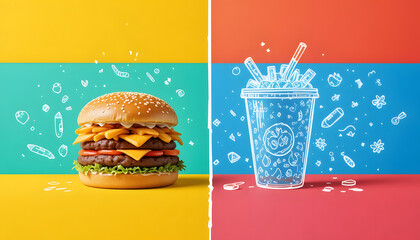 Fast Food Meal with Burger and Soft Drink in Vibrant Colors on Split Background for Advertising