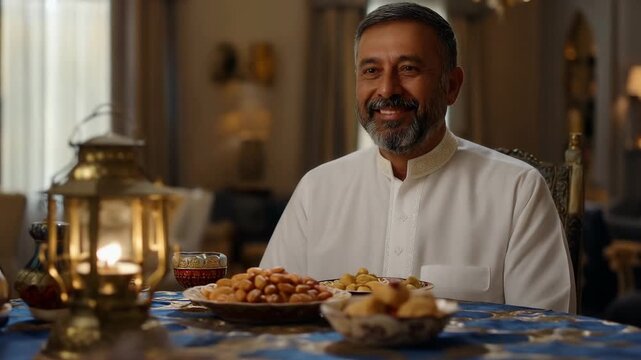 Smiling Arab man sitting at a table with a glowing Ramadan lantern and food. Middle-aged Muslim wearing a white thobe ready for Iftar dinner with dates and sweets