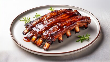 Succulent Grilled Ribs Glazed With A Sweet Sauce Elevated On A White Canvas Background