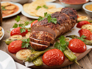 Turkish entrecote kebab on a wooden table, warm natural light, roasted vegetables, fresh herbs, smoky texture, cozy authentic style, shallow depth of field