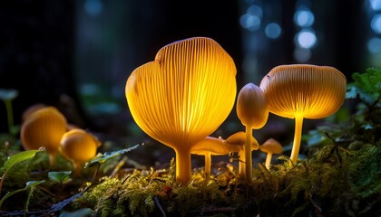 Bright Glowing Fungi And Vegetation In A Dark Forest Yellow Intense
