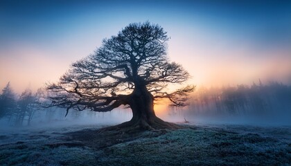 Mysterious Ancient Gnarled Tree Stands Alone In A Misty Ethereal Forest At Dawn