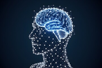 Artificial intelligence human head with brain shows network and connectivity