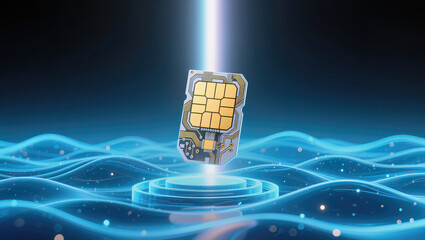 A floating SIM card is depicted in intricate detail, digital circuitry patterns. It is positioned above a series of holographic, glowing blue waves that emit a soft luminescence. 