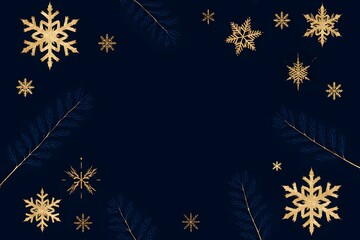 Elegant winter background with golden snowflakes and blue fir branches