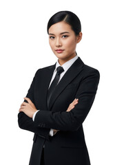 Confident businesswoman in black suit isolated on transparent background
