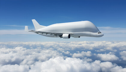 White Airplane Airbus Beluga A300-600ST Super Transporter Cargo Airplane Flying Above White Clouds and Blue Sky Side View Angle