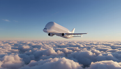 White Airplane Airbus Beluga A300-600ST Super Transporter Cargo Airplane Flying Above White Clouds and Blue Sky Corner Front View Angle