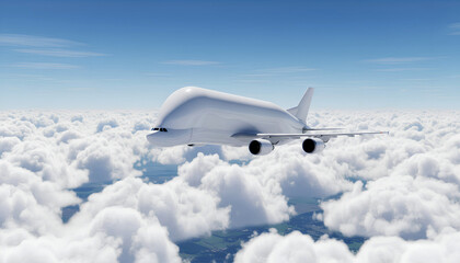 White Airplane Airbus Beluga A300-600ST Super Transporter Cargo Airplane Flying Above White Clouds and Blue Sky Side View Angle