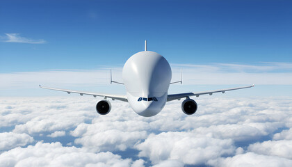 White Airplane Airbus Beluga A300-600ST Super Transporter Cargo Airplane Flying Above White Clouds and Blue Sky Front View Angle