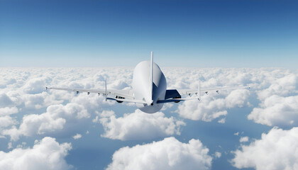 White Airplane Airbus Beluga A300-600ST Super Transporter Cargo Airplane Flying Above White Clouds and Blue Sky Rear Back View Angle