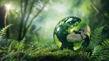 A green and blue globe resting on a lush forest floor with sunlight filtering through the trees 1