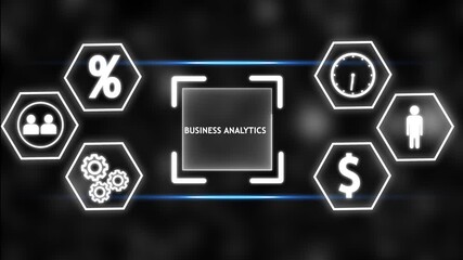 business analytics interface with glowing technology icons showing finance, time, users, settings and data analytics. Modern digital dashboard design suitable for business, fintech, data  - Powered by Adobe