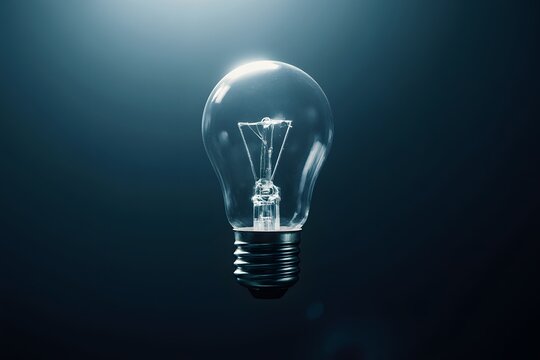 Bright light shines from a clear vintage style bulb against a dark teal background - Powered by Adobe